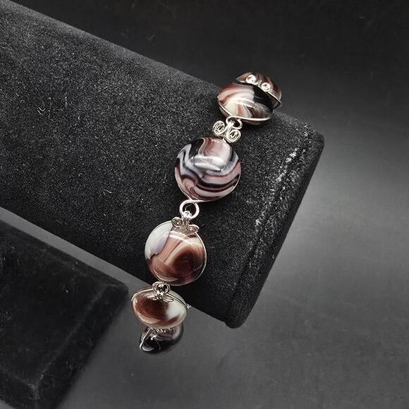 Purple Marbled Glass Bracelet Silver Tone Artisan - Picture 4 of 8